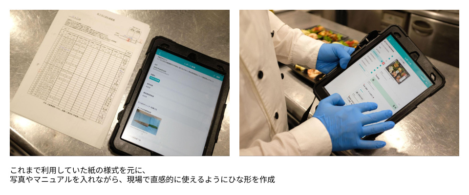 これまで利用していた紙の様式を元に、写真やマニュアルを入れながら、現場で直感的に使えるようにひな形を作成